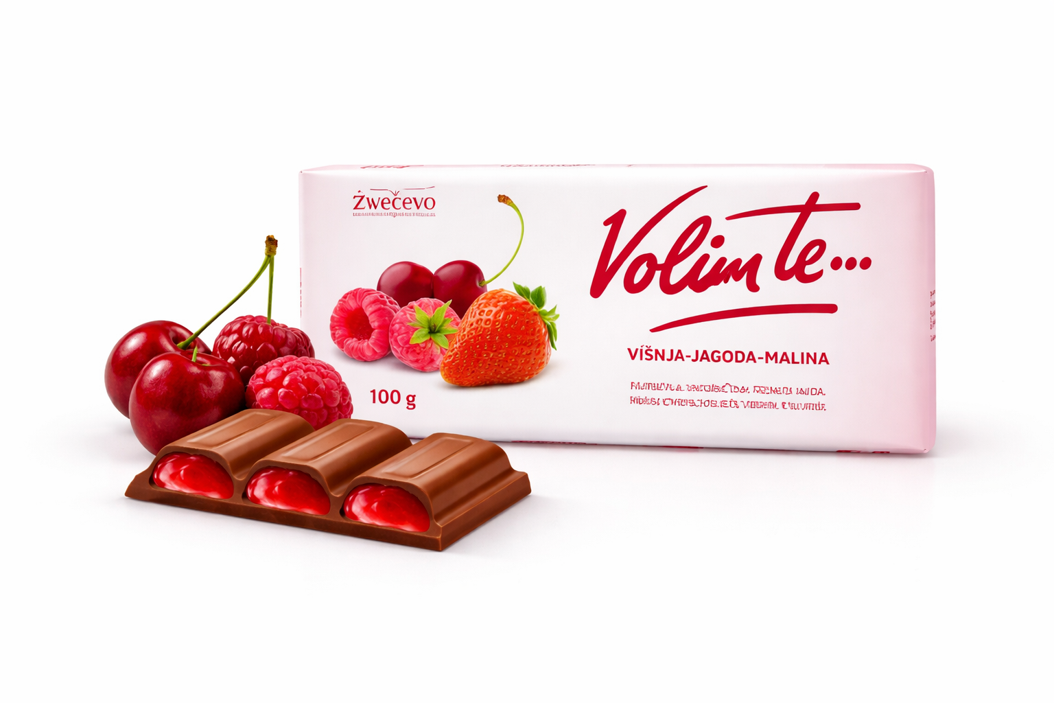 Volim Te Višnja-Jagoda-Malina Milchschokolade mit Kirsch-Erdbeer-Himbeerfüllung